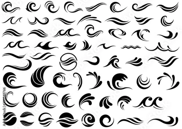 Fototapeta Waves Design Shapes Collection Isolated on White Background - Set of 60 Illustrations, Vector