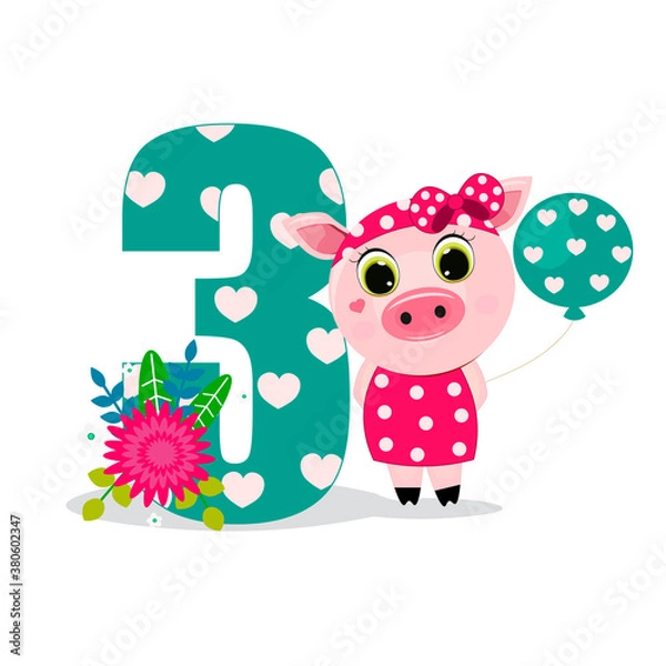 Fototapeta Number three and pig with balloon. Perfect for greeting cards, party invitations, posters, stickers, pin, scrapbooking, icons.