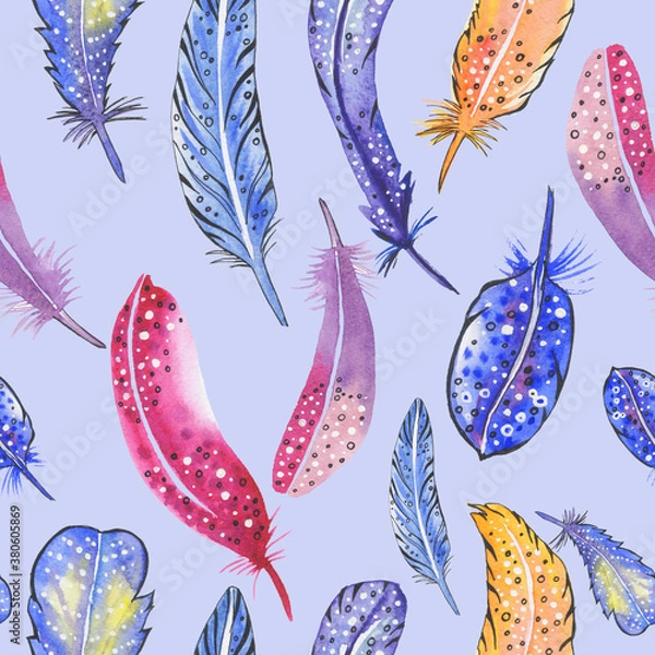Fototapeta bird bright feathers pattern set background isolate white set boho watercolor fabric for bed linen