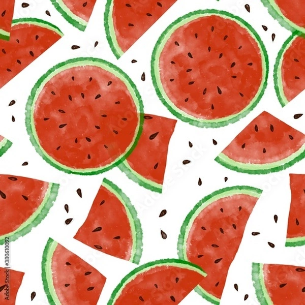 Fototapeta Fresh green red watermelon seamless surface pattern hand drawn in digital watercolor. Isolated on white. Whole, half, slice cut, seeds