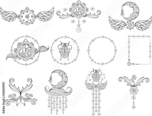 Fototapeta Linear Set of steampunk composition in black. Vector outline drawing with moon, clockwork, bug, frame, gear, wing. Vintage mechanical template for stationery, poster, invitation in industrial style