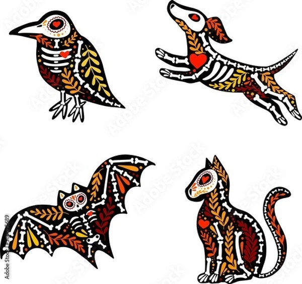 Fototapeta Vector colorful set of stickers. Dia de los Muertos, Day of the dead or Halloween concept. Dog and cat skeletons with autumn floral design, isolated on white background