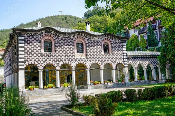 Fototapeta Ancient Church "Introduction of the Virgin Mary" built in 1844 with the voluntary work of 200 Bulgarians. The varosha arichektur composite is located in Blagoevgrad, Bulgaria. Fully retained the authe