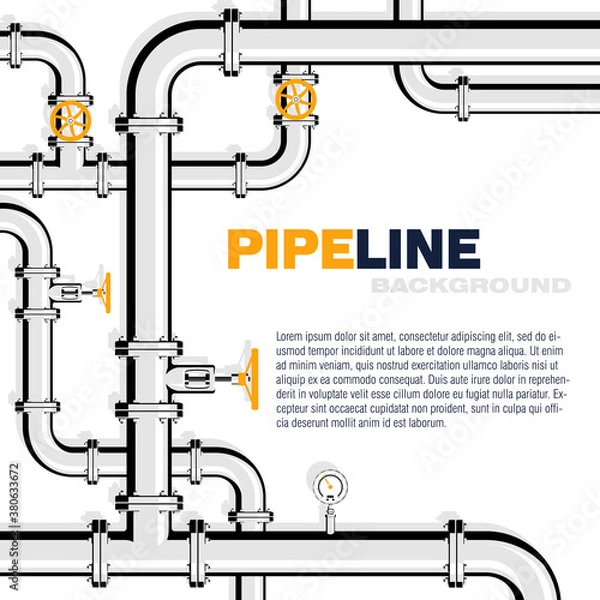 Fototapeta Gas pipeline vector background in flat style. Pipes with taps and gauges.