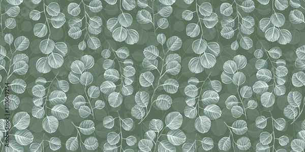 Fototapeta Botanical seamless pattern with vintage graphic silver dollar eucalyptus leaves. Hand-drawn illustration. Light green background. Good for production wallpapers, cloth and fabric printing.