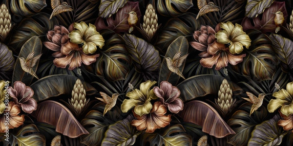 Fototapeta Tropical exotic seamless pattern with birds, monstera, hibiscuc, bromeliad, banana leaves, palm, colocasia. Hand-drawn 3D illustration. Good for production wallpapers, cloth and fabric printing.