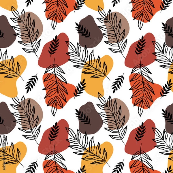 Fototapeta Leaves with shapes seamless pattern, autumn colors. Palm tree tropical design