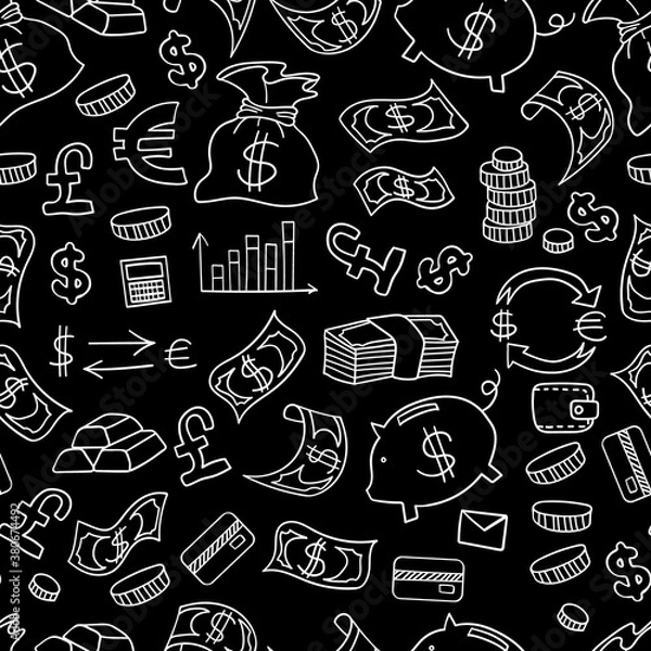 Fototapeta Doodle money seamless pattern. Outline hand drawn objects on black chalkboard. Vector illustration.