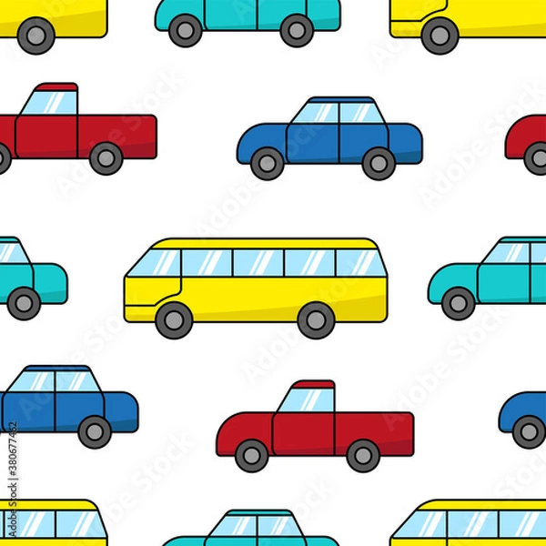 Fototapeta Bright multicolored cars isolated on white background. Bus, sedan, pickup. Cute transport seamless pattern. Side view. Vector flat graphic hand drawn illustration. Texture.