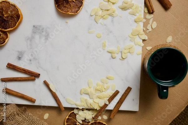 Obraz Christmas holiday baking flat lay with ingredients and a cup of hot glugwein.