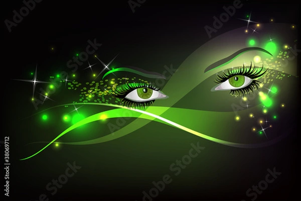 Fototapeta Dark background with green glamour shining  eyes.