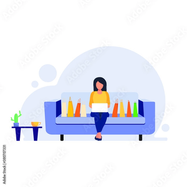 Obraz Girl with laptop sitting on the couch. Online shopping. illustration in flat style.Vector.EPS10