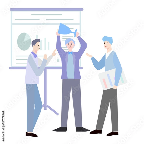 Fototapeta The team of employees worked well and won prize, vector graphics