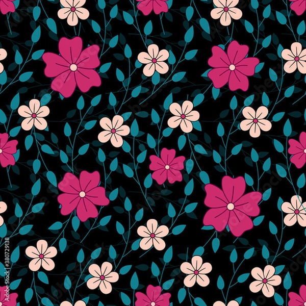 Fototapeta Floral seamless pattern with pink and peach flowers and leaves on black background. Great for spring and summer wallpaper, backgrounds, invitations, packaging design projects textile