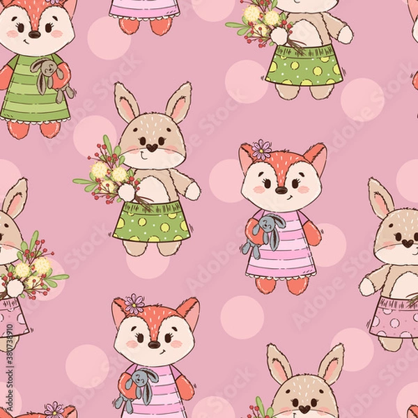 Fototapeta Seamless pattern with cute characters: bear, fox, hare, rabbit or bunny. Texture for girl on pink background. Ornament for a children's book, cover, textile, cotton, fabric, poster, print.