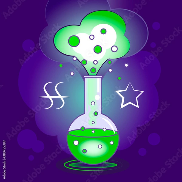 Fototapeta Vector card with a potion for the holiday of Halloween, a green potion with bubbles in a glass bottle, a magic ritual with elixir, blank for design, advertising, website.
