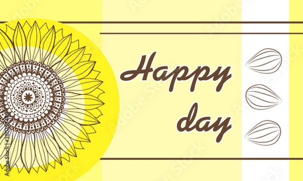 Fototapeta Vector motive card, sunflower on a bright background, line drawing of a flower on a postcard, summer theme with yellow flowers and seeds, flyer and internet template