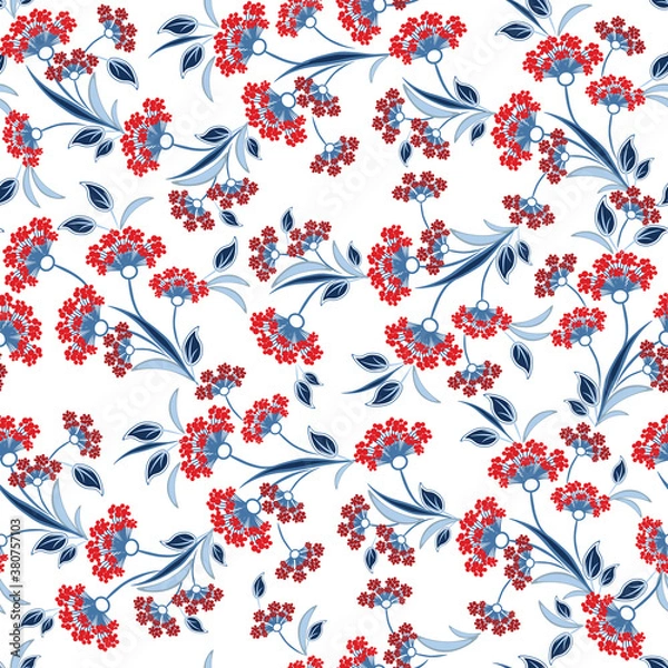 Fototapeta Vector floral seamless pattern. Abstract background with simple small red flowers, green leaves, branches. Liberty style wallpapers. Elegant ditsy texture. Subtle floral ornament. Repeating design 