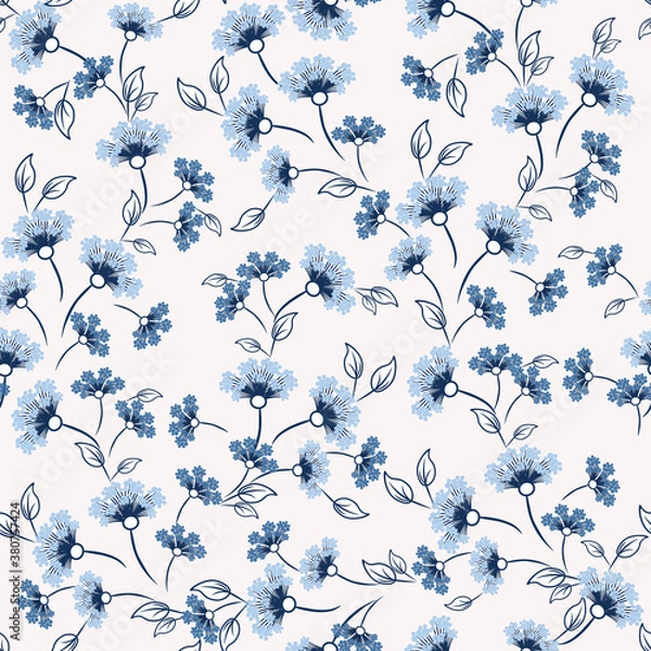 Fototapeta Ditsy pattern. Vector floral seamless texture. Abstract background with simple small blue flowers, leaves. Liberty style wallpapers. Subtle ornament. Elegant repeat design for decor, fabric, print