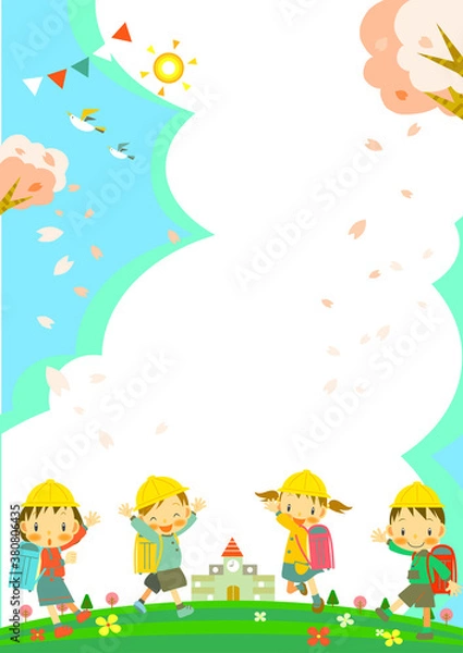 Fototapeta 好きな色のランドセルを背負ってわくわくする小学一年生　背景　フレーム