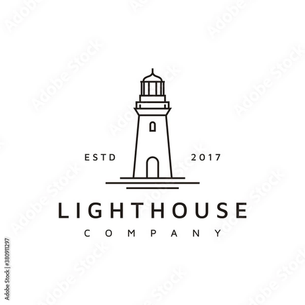 Fototapeta Simple Line Art Lighthouse Searchlight Beacon Tower Island Beach Coast logo design