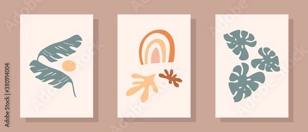 Fototapeta Set of abstract hand painted illustrations in pastel colors. Hand drawn vases , leaves. Collection of contemporary art posters. Abstract geometrical elements, shapes for print, social media, posters