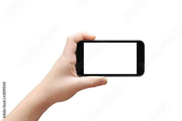 Obraz Hand holding big touchscreen smart phone, clipping path