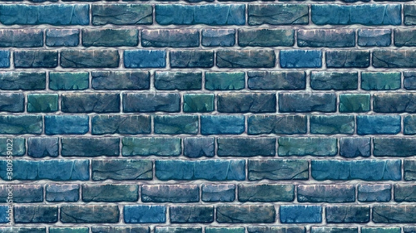 Obraz 横長サイズの青色のレンガの壁紙。シームレスパターン素材