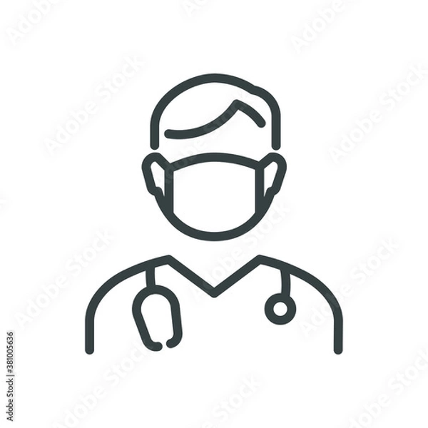 Fototapeta Doctor with face mask protection linear icon fully editable stroke