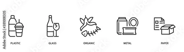 Fototapeta Recycling and sorting of waste flat line icon. Garbage sorting. Editable strokes