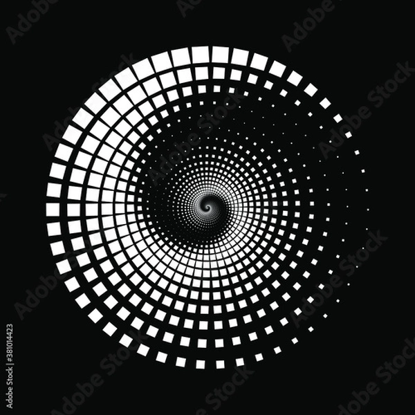 Fototapeta White halftone square dots in vortex form. Geometric art. Trendy design element for frame, logo, tattoo, sign, symbol, web, prints, posters, template, pattern and abstract background