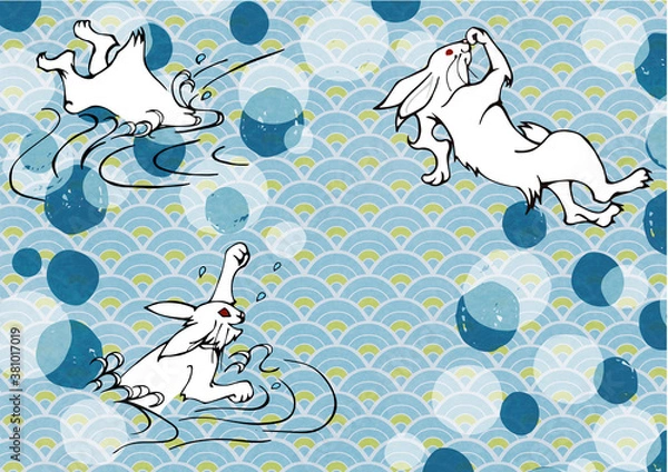 Obraz 鳥獣戯画のウサギをモチーフにデザインした和風の背景素材