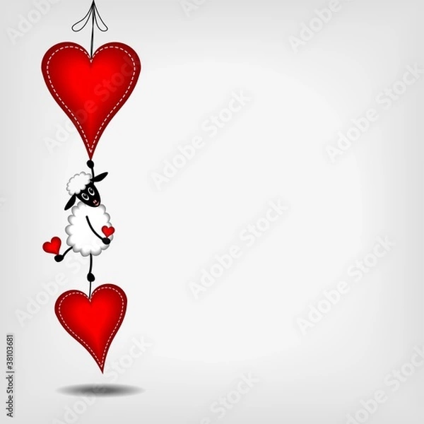 Fototapeta two hanging red hearts with white stitches and cute lamb - vecto