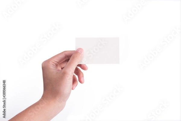 Fototapeta Hand Hold Blank White Card Mock-up. SIM Cellular Plastic NFC Smart Tag Call-card Mock Up Template. Credit Namecard or Transport Ticket. Christmas Store Discount Loyalty Gift. Copy space.