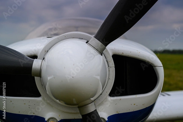 Obraz small single-engine civil airplane on a green grass of a countryside airdrome