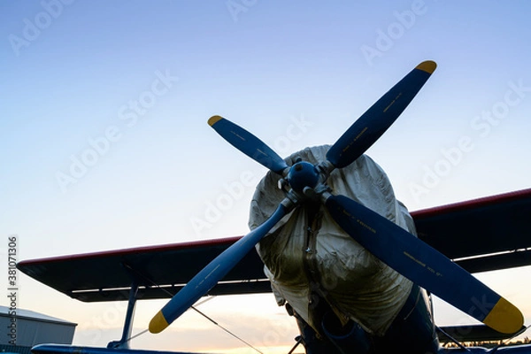 Obraz small single-engine civil airplane on a green grass of a countryside airdrome