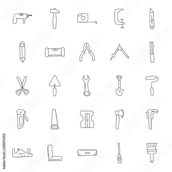 Fototapeta work tools hand drawn linear doodles isolated on white background. work tools icon set for web and ui design, mobile apps and print products