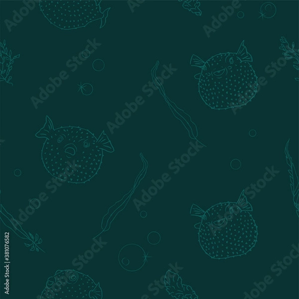 Fototapeta cartoon blowfish on dark green background seamless pattern, hand drawn thin lines silhouettes, editable vector illustration