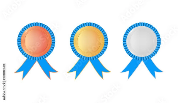 Fototapeta Gold, silver and bronze medals with arms and blue ribbons. Award rosette with ribbon. Medals for 1st, 2nd, 3nd place. Champion reward. Stock vector illustration on white isolated background.