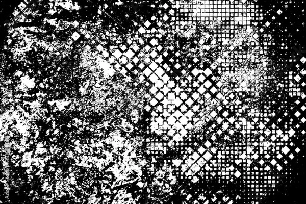 Fototapeta The grunge texture is black and white. Monochrome abstract background. Pattern of scratches, chips, and paint strokes. Black smudges, scuffing, wear and tear