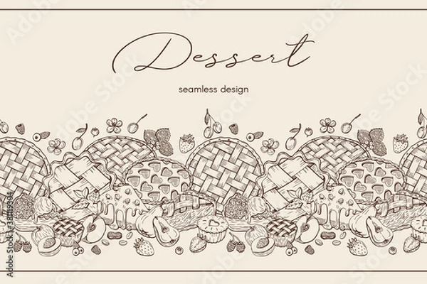 Fototapeta Pies, pie pieces and muffins with fruits and berries. Seamlessly border in graphic sketch style. Vector hand drawn vintage outline illustration for poster, label and menu bakery shop.
