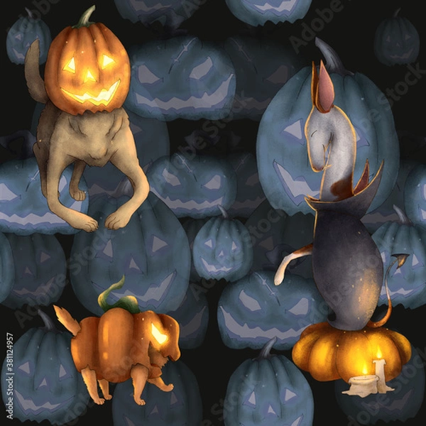 Obraz halloween dog pattern. Dogs in suits on the background of blue scary pumpkins. seamless pattern.