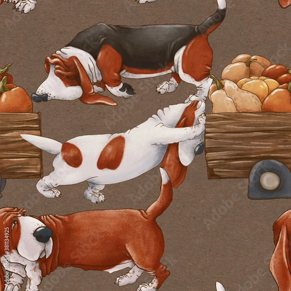 Obraz Basset Hound dogs are carrying a cart with pumpkins. Harvesting. Seamless pattern on a brown background.