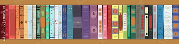Obraz Wooden bookcase with books. Bookshelves with multicolored books. Illustration in flat style. Horizontal banner
