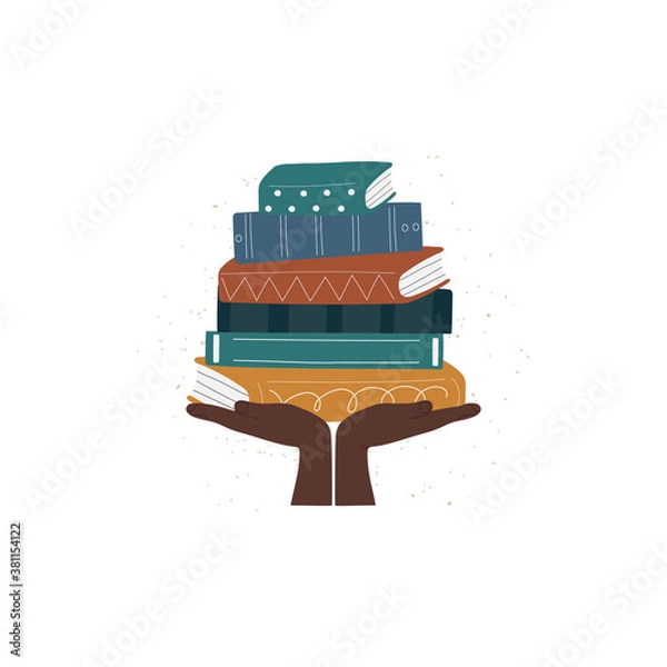 Obraz Hands holding stack of books flat illustration. Hardback books with colorful covers. Back to school, literacy, library, reading, education, teaching, learning concept isolated on white.