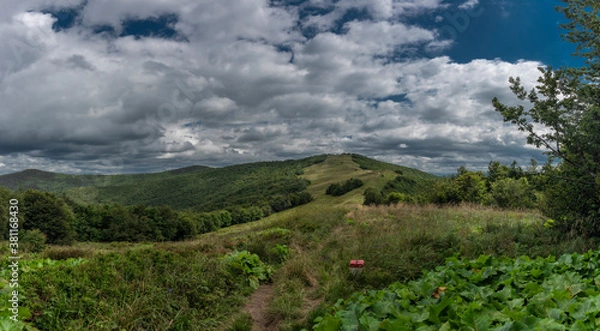 Fototapeta View from ridge of Poloniny national park in summer cloudy blue sky day