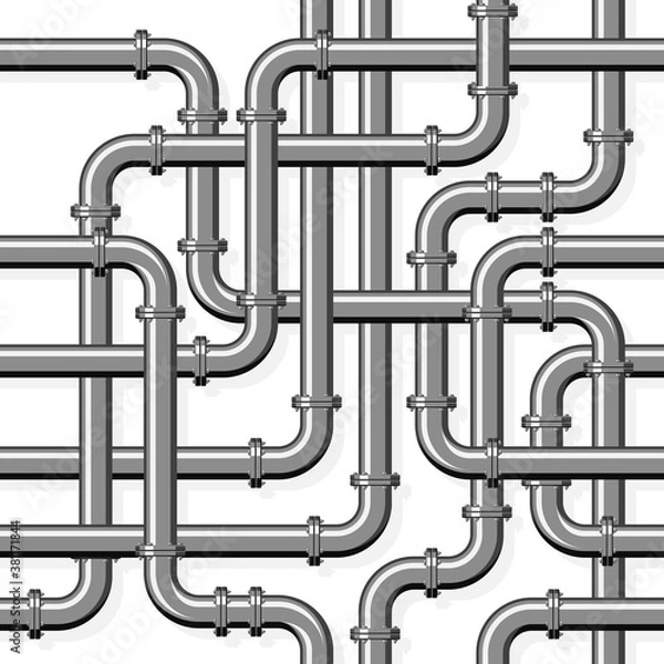 Fototapeta Pipeline realistic vector seamless pattern in flat style. Intertwining steel pipes on a white background