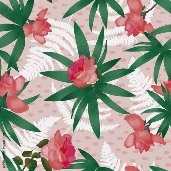 Fototapeta Vector seamless pattern with flowers in a pink background.