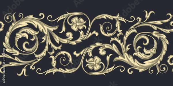 Fototapeta Baroque golden elements. Swirls for design. Vintage print on a black background. Vector seamless border. 