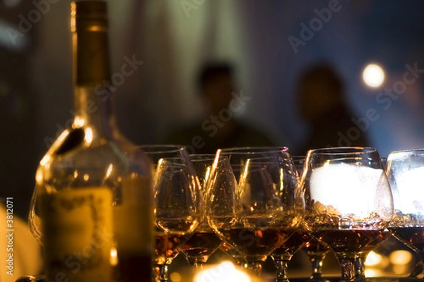 Obraz Wineglasses with cognac, a bottle, and evening party outside